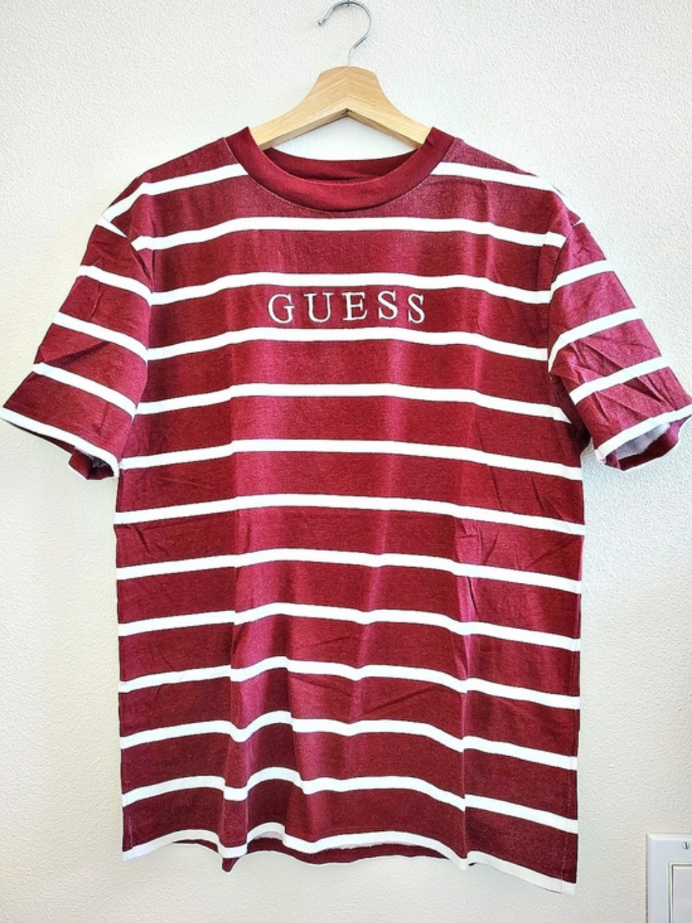 GUESS Originals Striped T-Shirt Burgundy & White Small